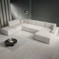 Meubella - Manolo - Hoekbank 5-zits met chaise longue - Stof beige - Rechts