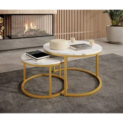 Meubella - Salontafel Rica - Wit marmerlook - Goud - Set van 2