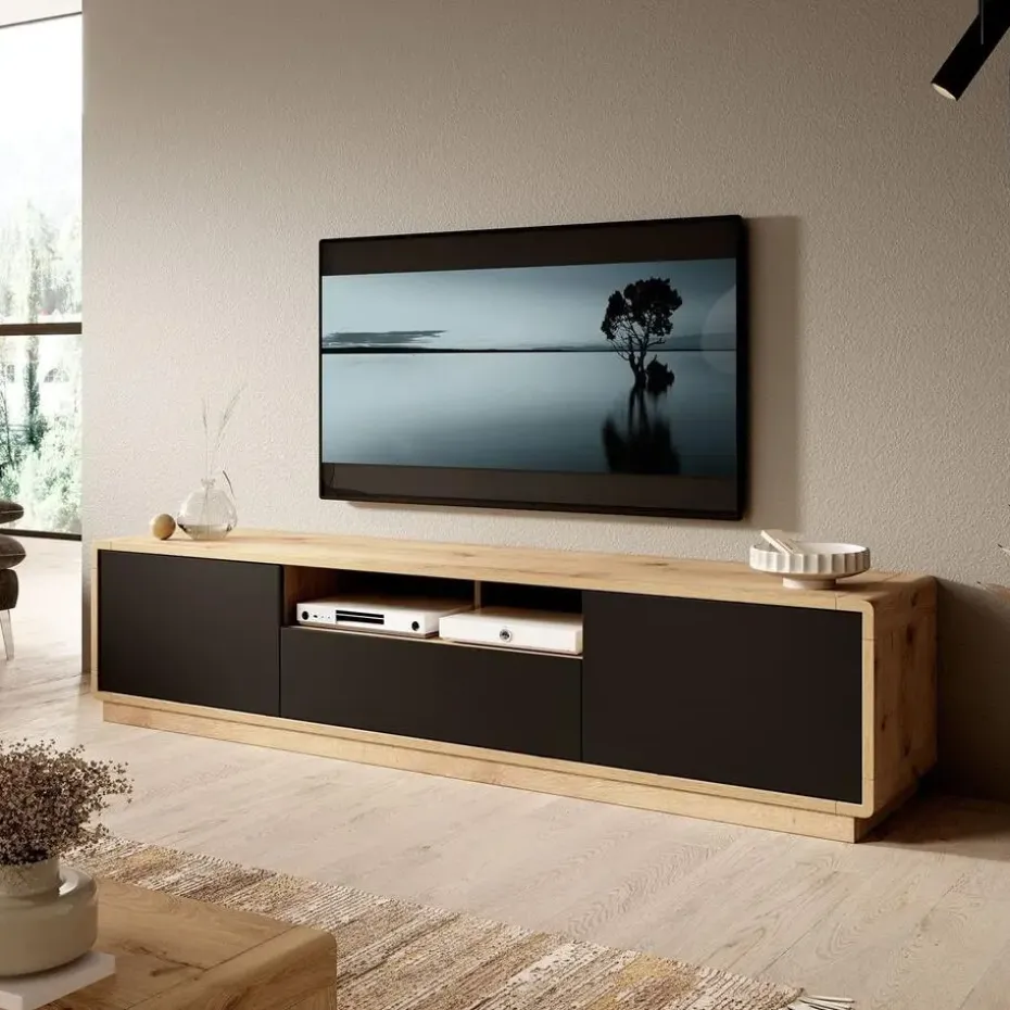Meubella - TV-Meubel Acuna - Mat zwart - Eiken - 200 cm