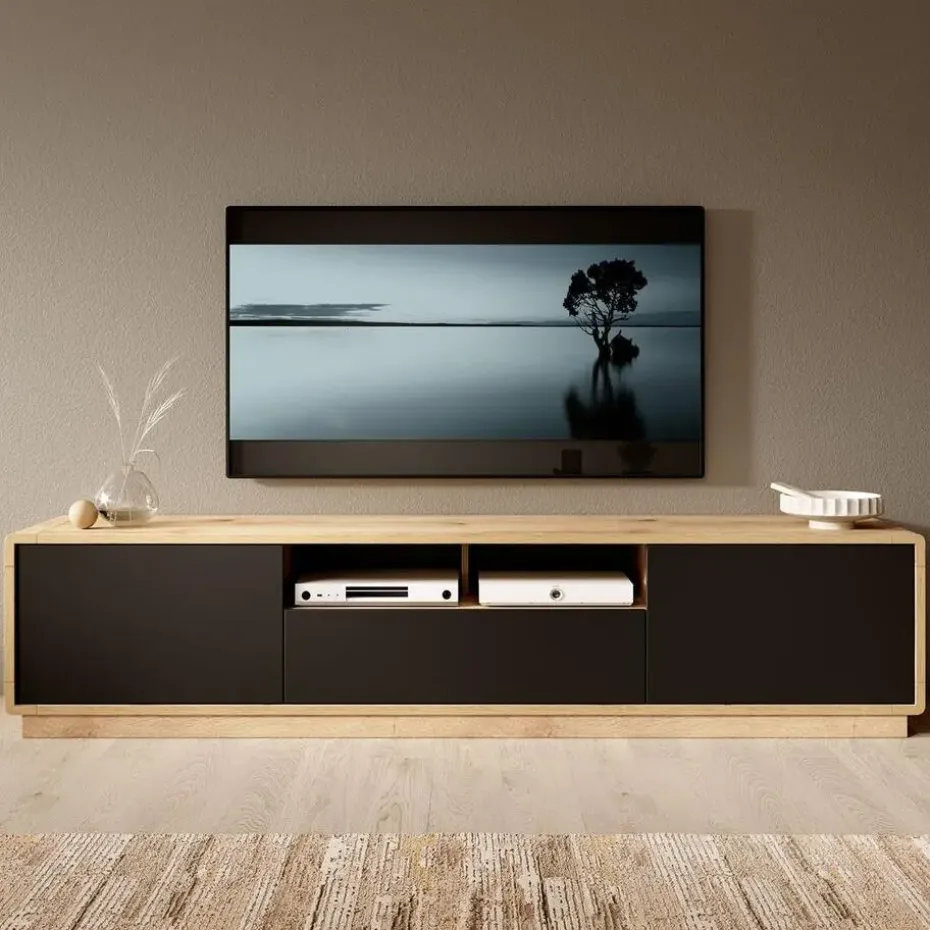 Meubella - TV-Meubel Acuna - Mat zwart - Eiken - 200 cm