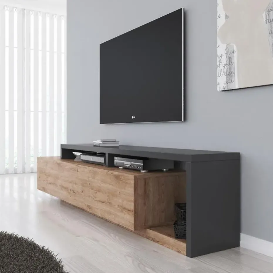 Meubella - TV-Meubel Bello - Eiken - Antraciet - 219 cm