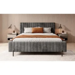 Meubella - Tweepersoonsbed Ventum - Donkergrijs velvet - 160x200 cm