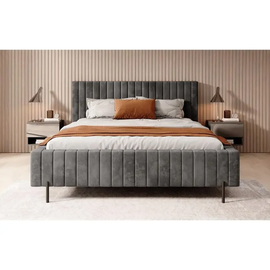 Meubella - Tweepersoonsbed Ventum - Donkergrijs velvet - 160x200 cm