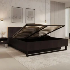 Meubella - Tweepersoonsbed Monor - Zwart eiken - 180x200 cm - Met gaslift