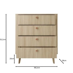 Meubella - Voorne - Ladekast 4 lades - Eiken - 88x38x103 cm