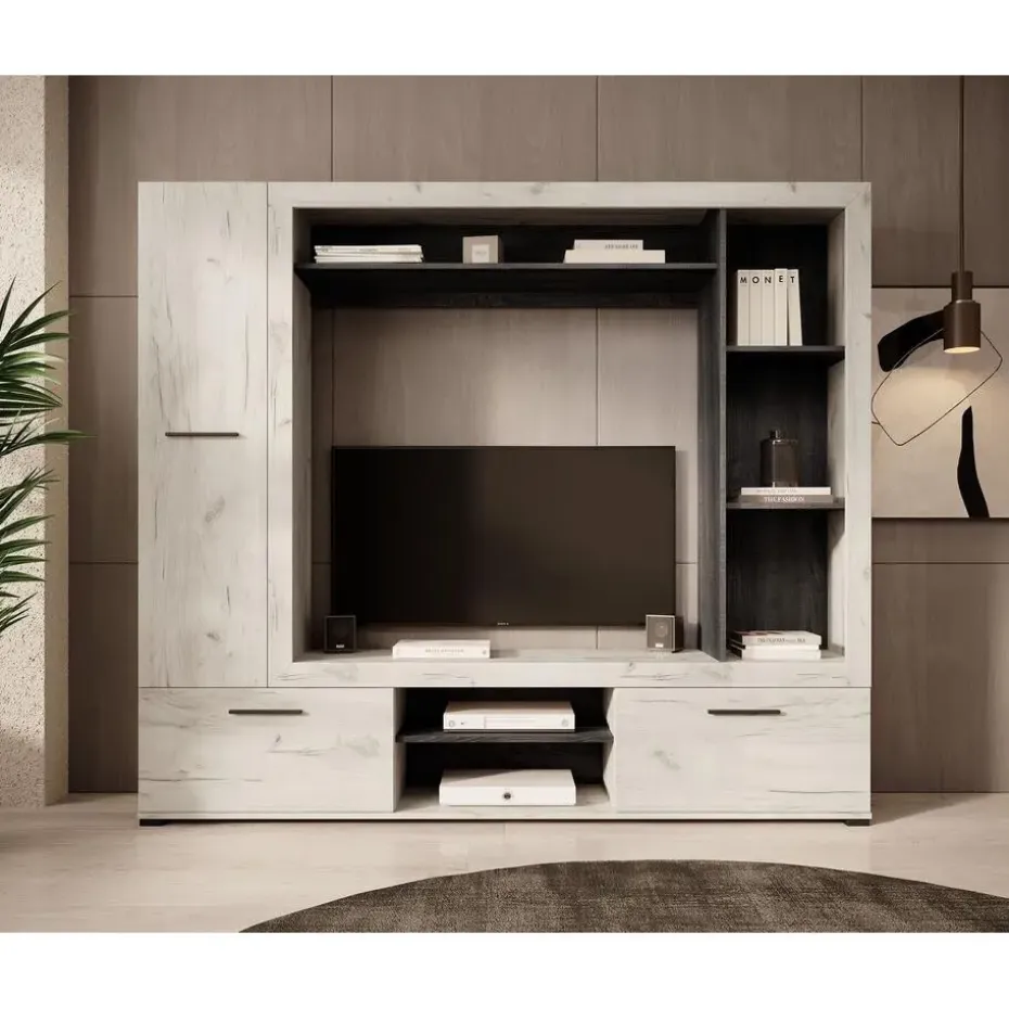 Meubella - Wandmeubel Loni - Wit eiken - Zwart eiken