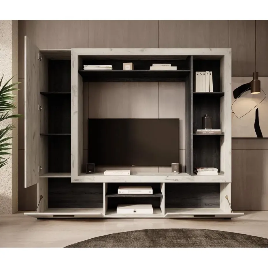 Meubella - Wandmeubel Loni - Wit eiken - Zwart eiken