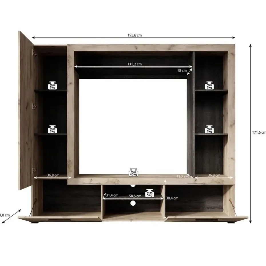 Meubella - Wandmeubel Loni - Wit eiken - Zwart eiken