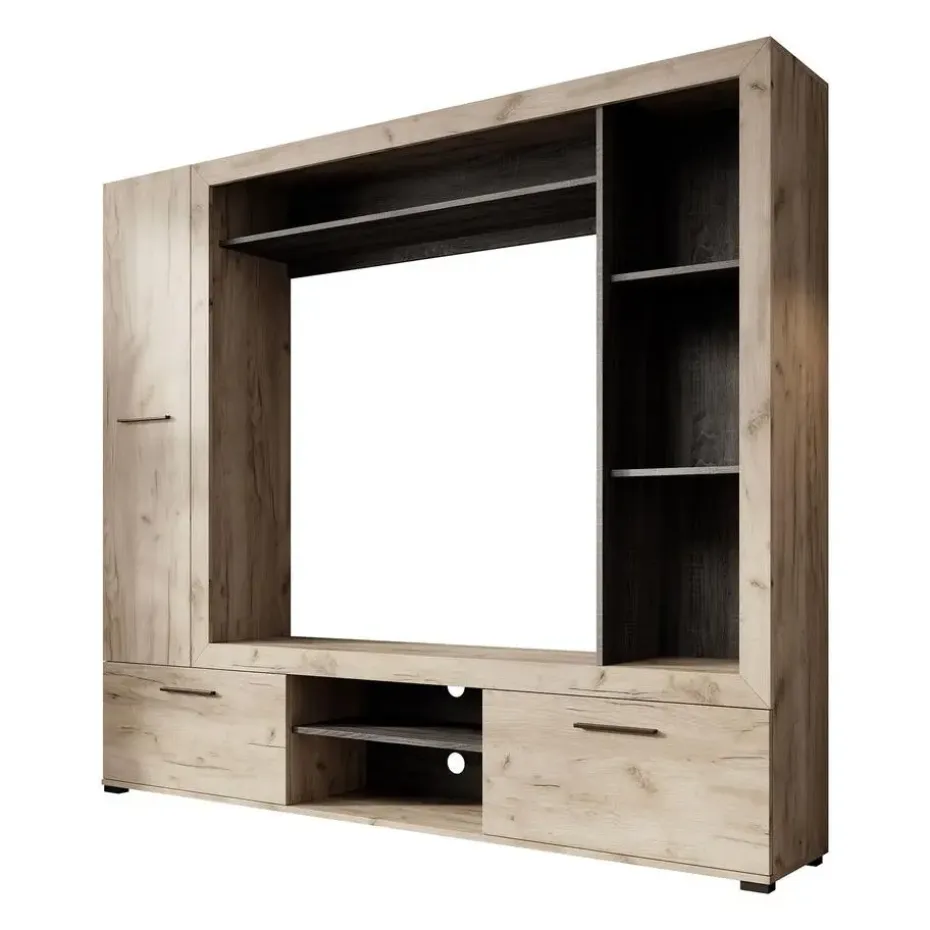 Meubella - Wandmeubel Loni - Grijs eiken - Zwart eiken