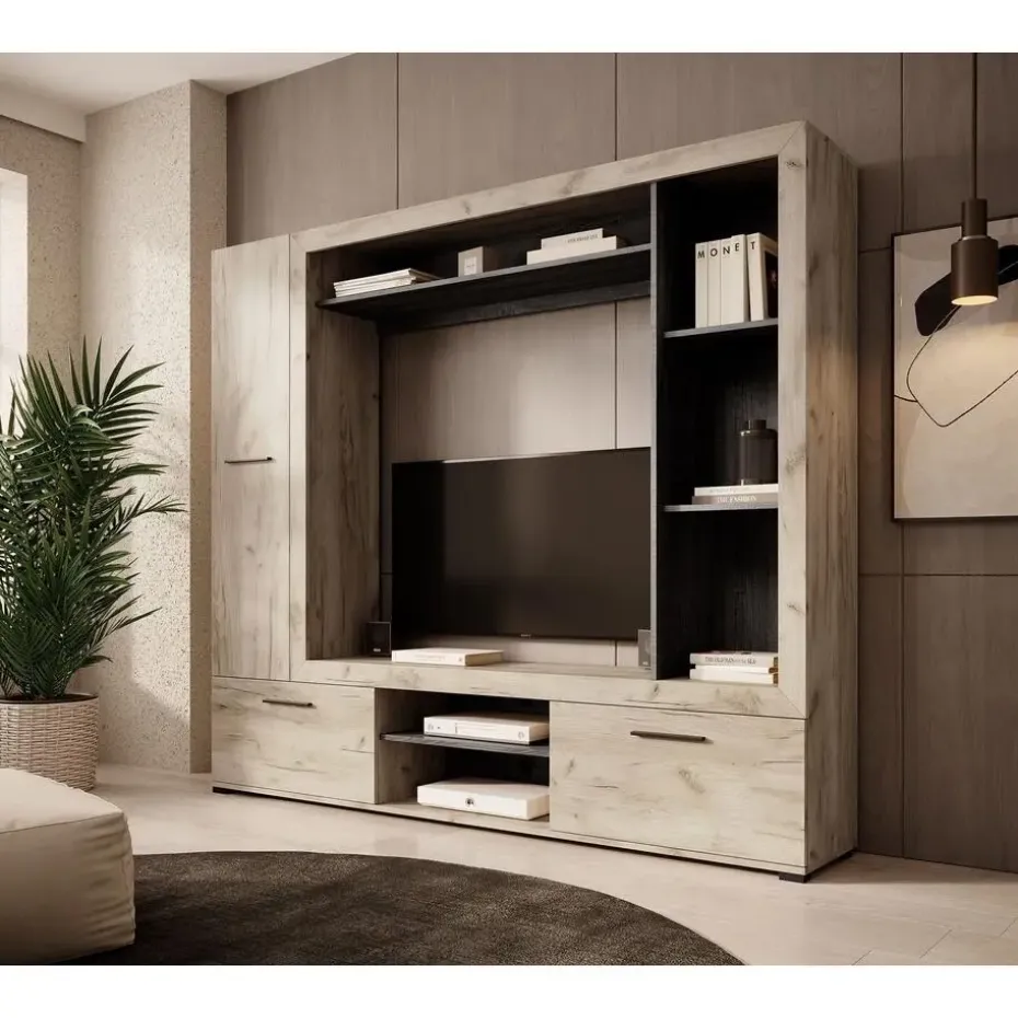 Meubella - Wandmeubel Loni - Grijs eiken - Zwart eiken