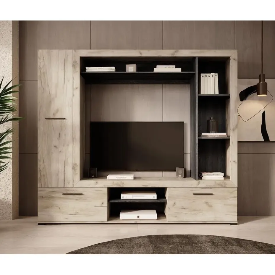 Meubella - Wandmeubel Loni - Grijs eiken - Zwart eiken