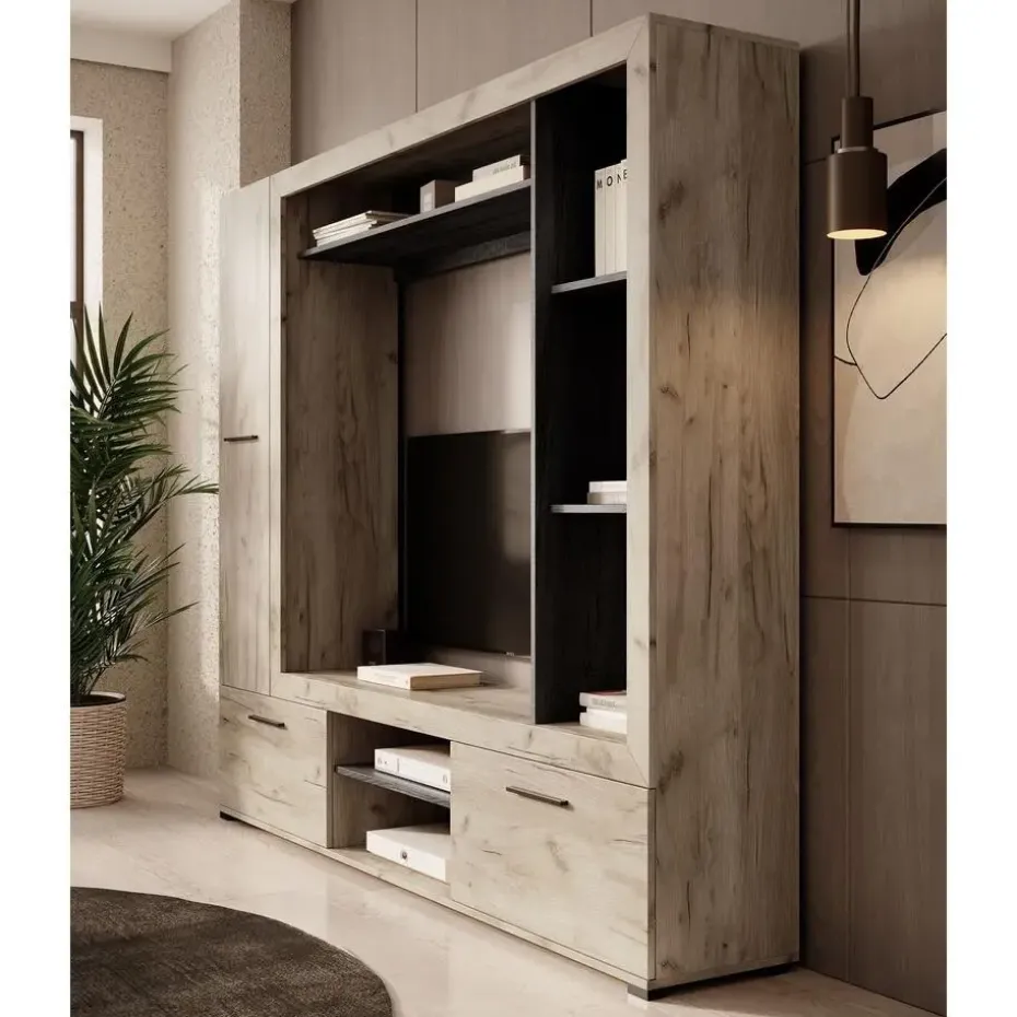 Meubella - Wandmeubel Loni - Grijs eiken - Zwart eiken