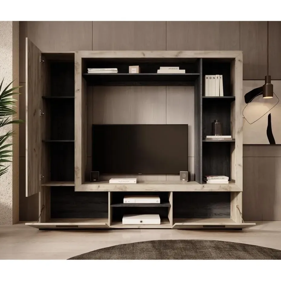 Meubella - Wandmeubel Loni - Grijs eiken - Zwart eiken