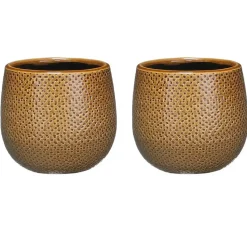 Mica Decorations Bloempot - okergeel - keramiek - ribbel - 14 x 12 cm