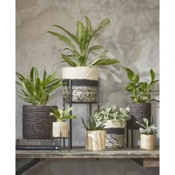 Mica Decorations Bloempot - rotan - zwart - jute - 14 x 14 cm