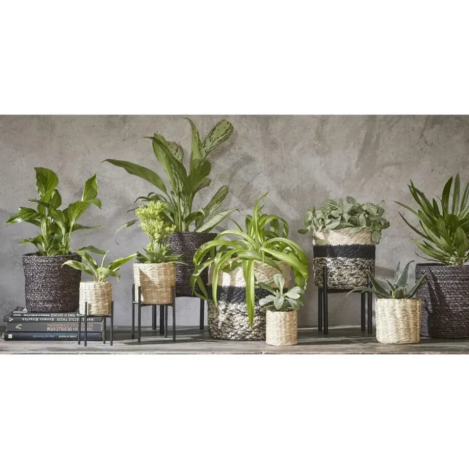 Mica Decorations Bloempot - rotan - zwart - jute - 20 x 20 cm