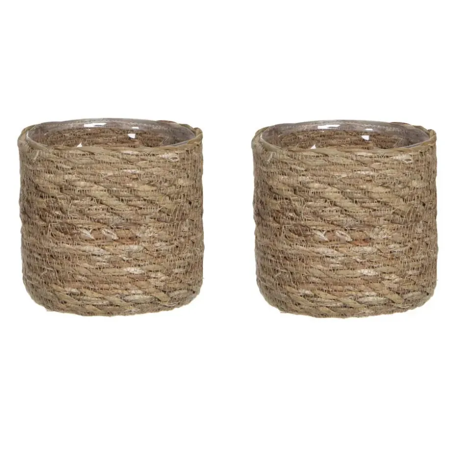 Mica Decorations Plantenpot - rotan - bruin - plantenmand - 12 x 12 cm