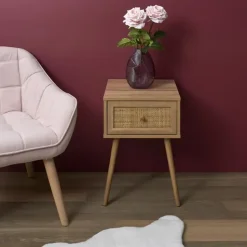 MISOU Nachtkastje Met Lade Rotan Webbing Hout