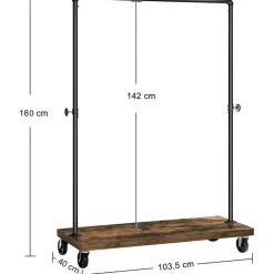 Mobiel kledingrek - rustiek heavy-duty - 1 rail - industrieel design - bruin