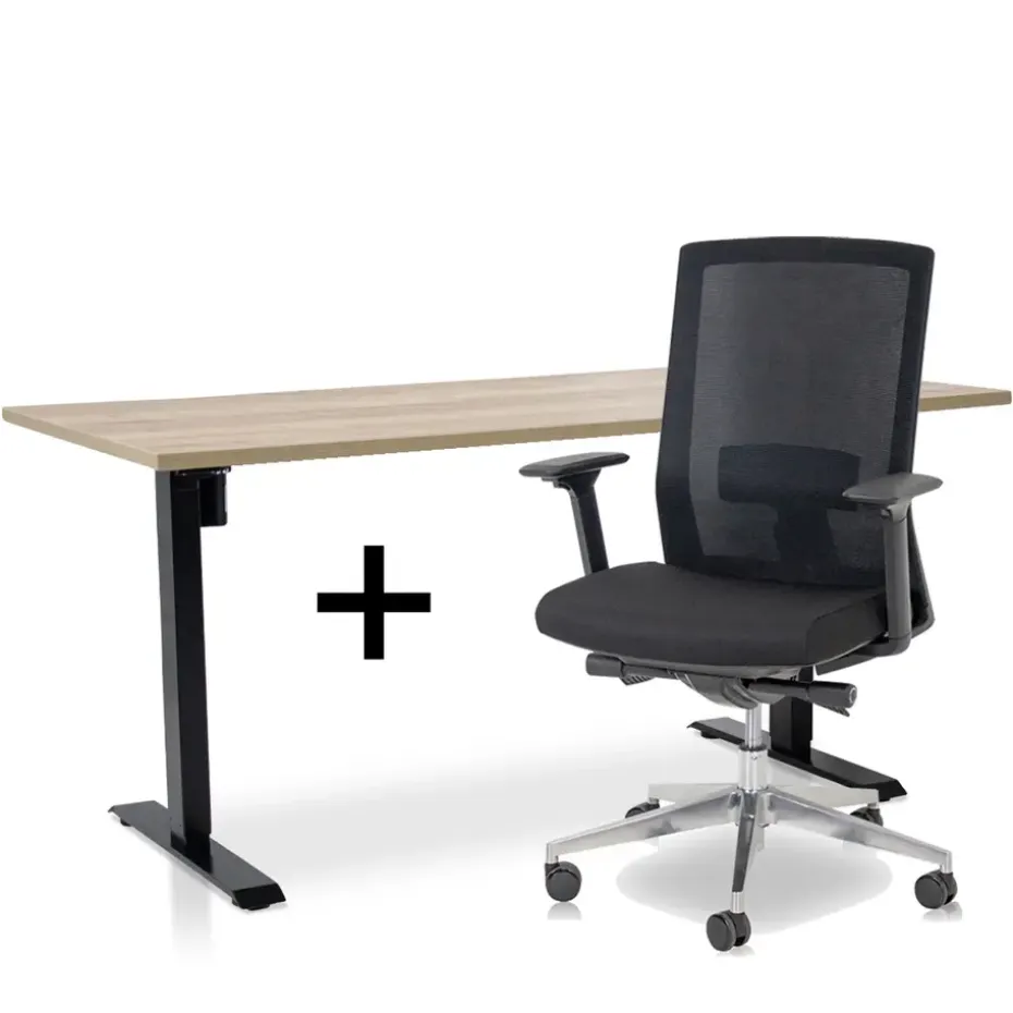 MRC EASY Set - Zit-sta bureau + bureaustoel - 160x80 - robuust eiken