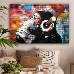 MuchoWow Canvas Schilderij 120x80cm Aap Graffiti Muziek
