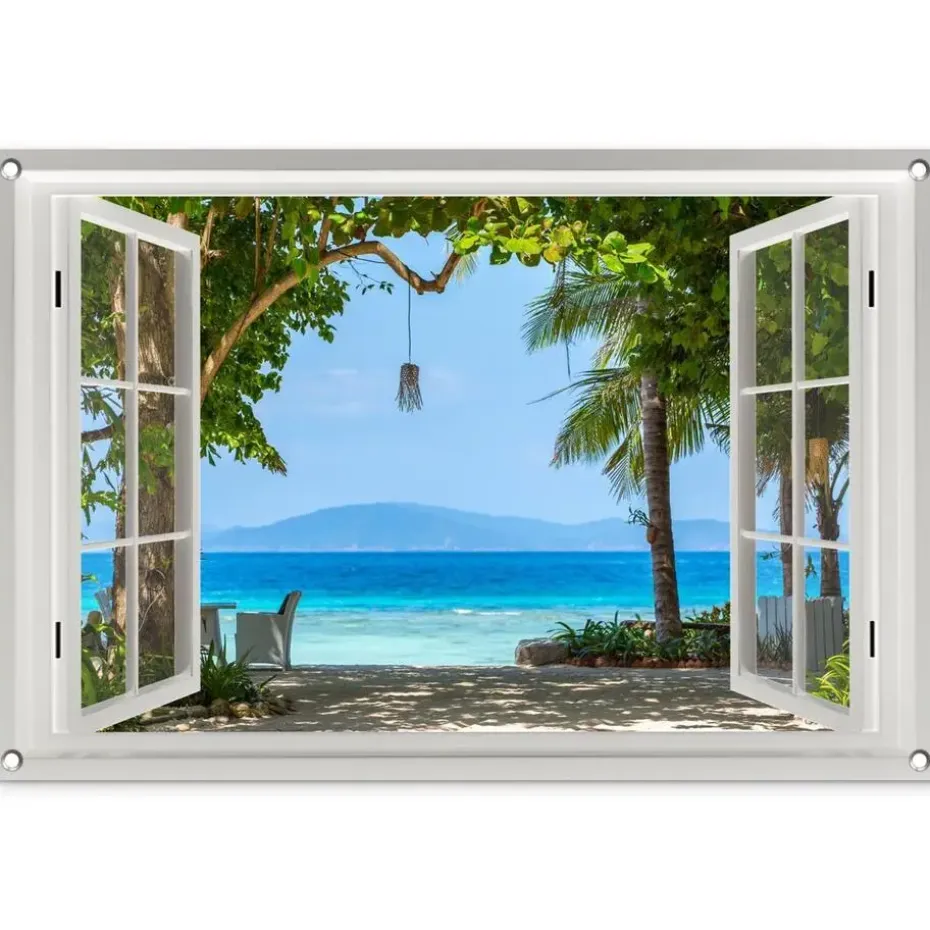 MuchoWow Tuinposter 90x60cm Doorkijk Boom Zee Palmboom