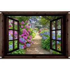 MuchoWow Tuinposter 90x60cm Hortensia Doorkijk Bloemen Paars
