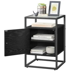 Nachtkastje - Nachtkastjes industrieel - Hout en gehard glas - Zwart