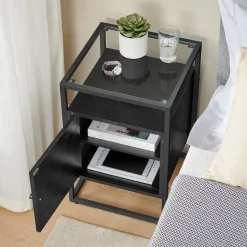 Nachtkastje - Nachtkastjes industrieel - Hout en gehard glas - Zwart