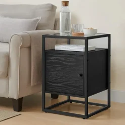 Nachtkastje - Nachtkastjes industrieel - Hout en gehard glas - Zwart