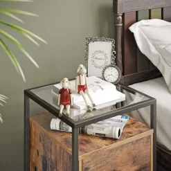 Nachtkastje - uit hout en gehard glas - met kast - industriële stijl - Bruin