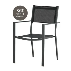 Nest outdoor Narda aluminium tuinstoel zwart - met armleuningen - set van 4