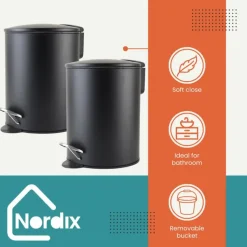 Nordix Pedaalemmer 3 Liter 2 Stuks Badkamer Toilet Zwart Metaal