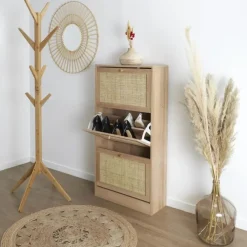 Nordix Schoenenkast met 3 Lades Schoenen Opbergsysteem Rotan Bruin Hout