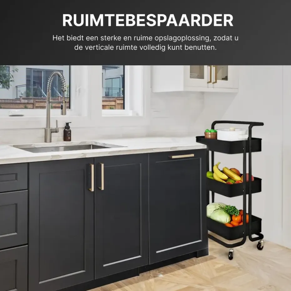 O'DADDY Keukentrolley - Zwart - 3 Lagen - 3 Manden - Verrijdbaar