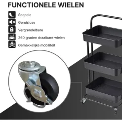 O'DADDY Keukentrolley - Zwart - 3 Lagen - 3 Manden - Verrijdbaar