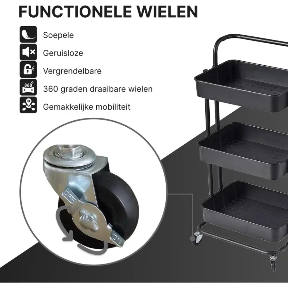 O'DADDY Keukentrolley - Zwart - 3 Lagen - 3 Manden - Verrijdbaar