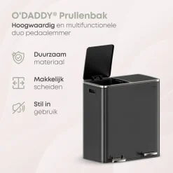 O’DADDY Prullenbak 60L - 2 Vakken - Voetbediening - Soft-Close - Zwart