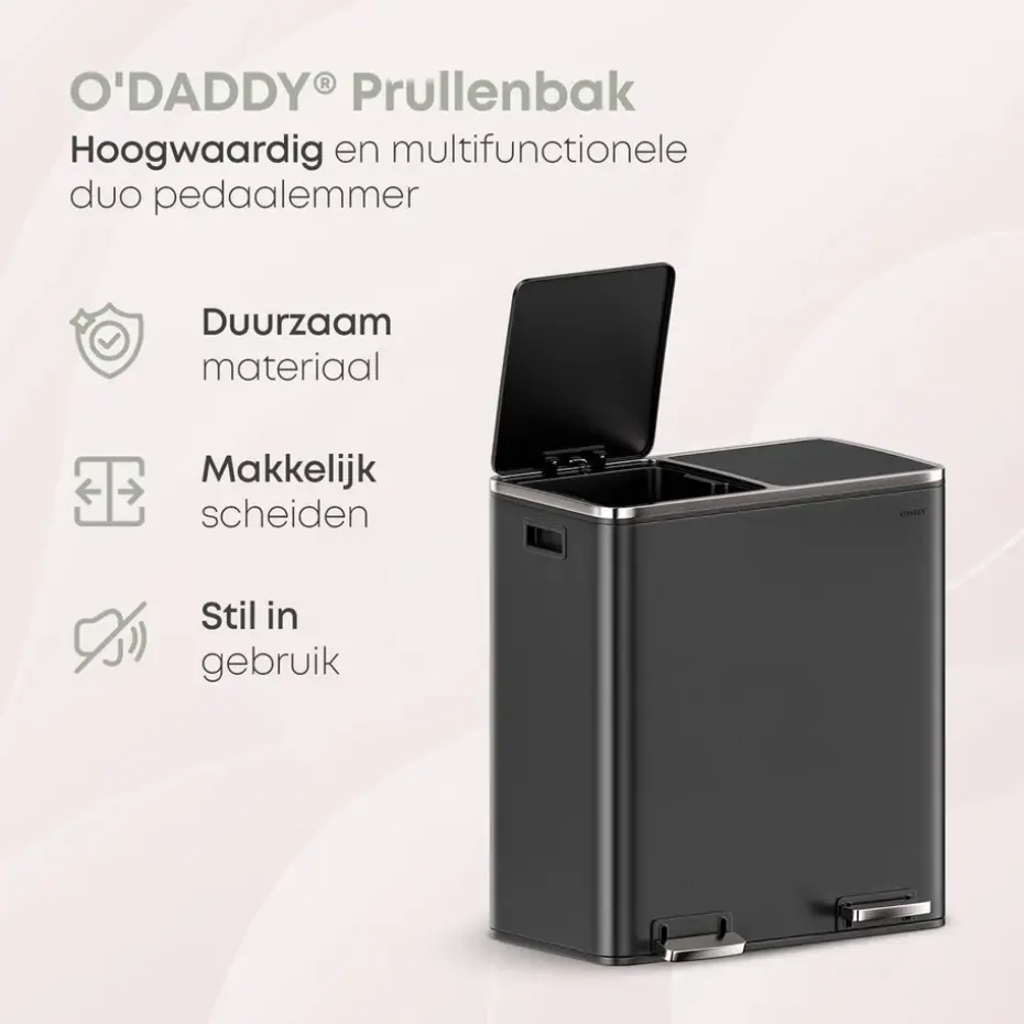 O’DADDY Prullenbak 60L - 2 Vakken - Voetbediening - Soft-Close - Zwart