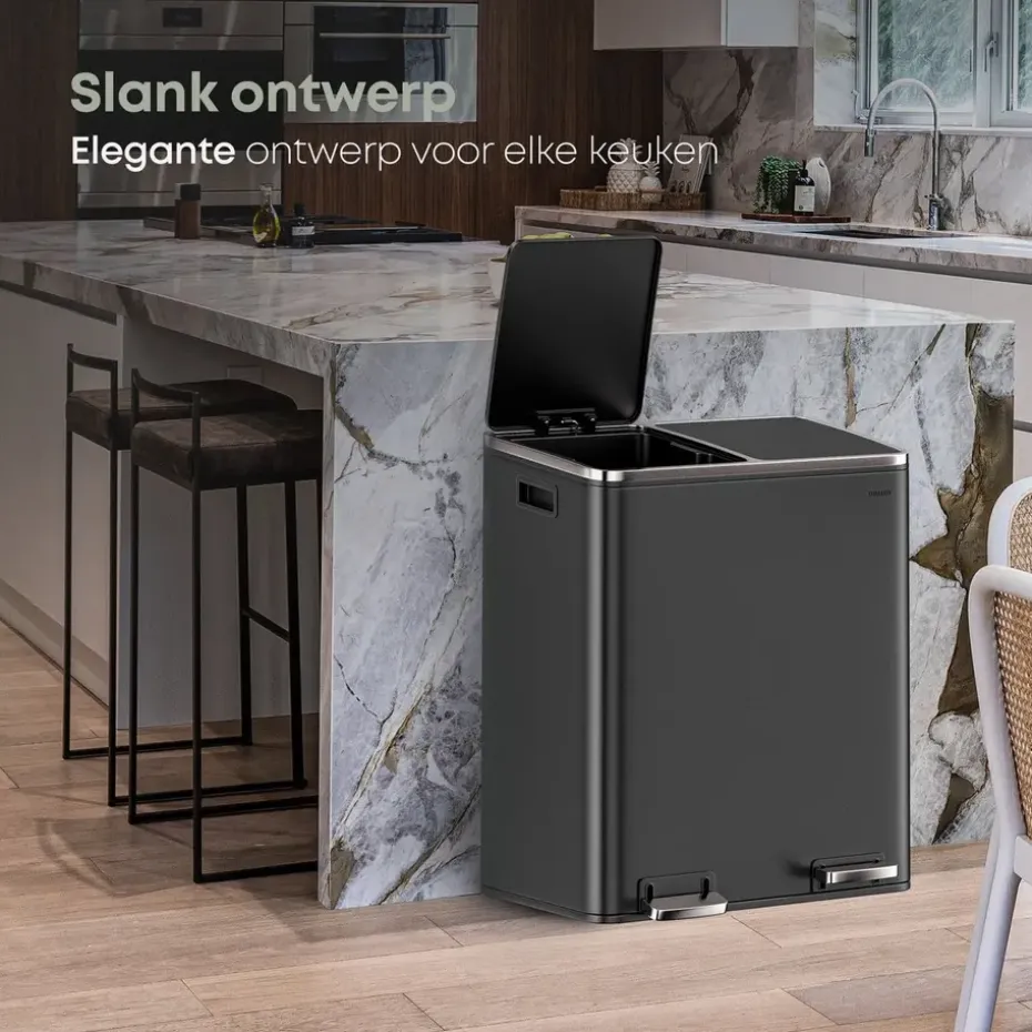 O’DADDY Prullenbak 60L - 2 Vakken - Voetbediening - Soft-Close - Zwart
