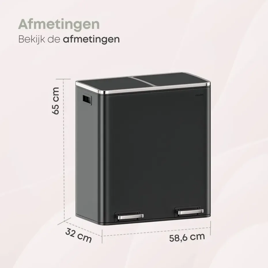 O’DADDY Prullenbak 60L - 2 Vakken - Voetbediening - Soft-Close - Zwart