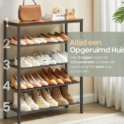 O'DADDY Schoenenrek 5-Laags - Industrieel Design - Bruin Hout/Zwart Metaal