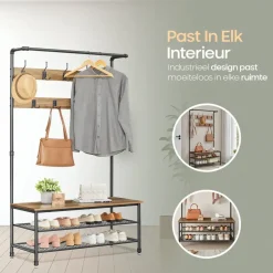 O'DADDY Staande Kapstok met Schoenenrek - 23 Haken - Bruin