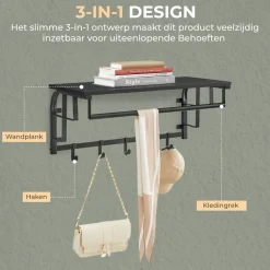 O'DADDY Wandkapstok met 5 Haken - Zwart/Donkergrijs - 66x30x27 cm