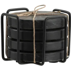 Onderzetters zwart marmer - set van 4 - Ø11 cm - met houder