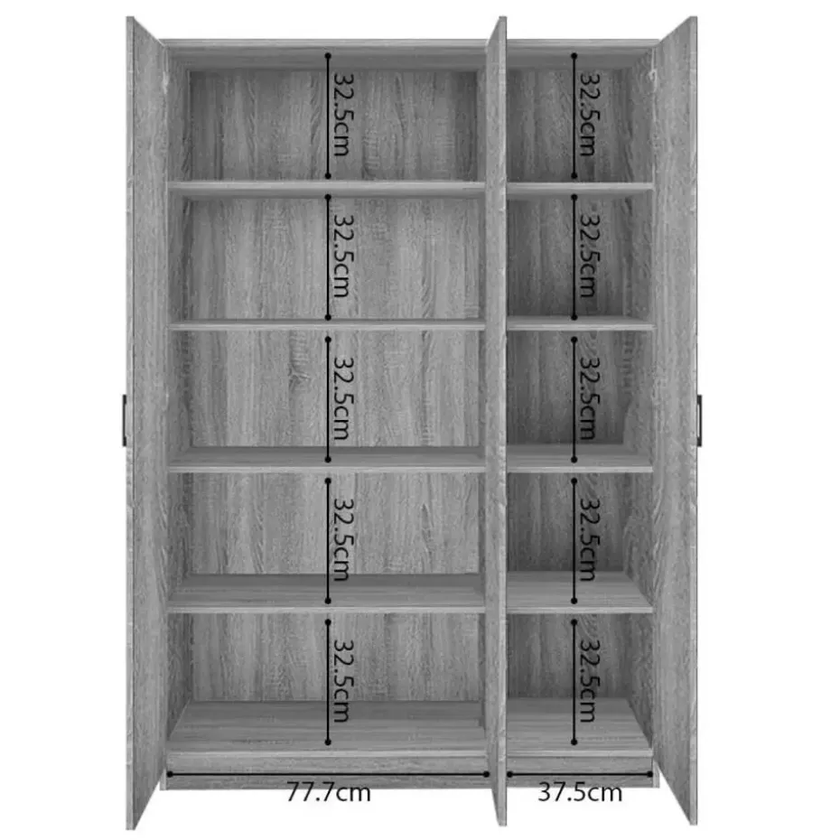 Opbergkast Ray 120cm met 3 deuren en 4 legplanken - grijze eik