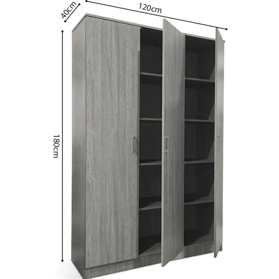 Opbergkast Ray 120cm met 3 deuren en 4 legplanken - grijze eik