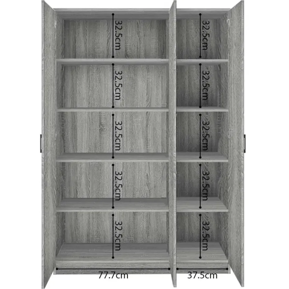 Opbergkast Ray 120cm met 3 deuren en 4 legplanken - grijze eik