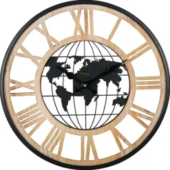 Ostaria Wandklok/muur klok - Wereldbol - D40 cm - MDF - naturel