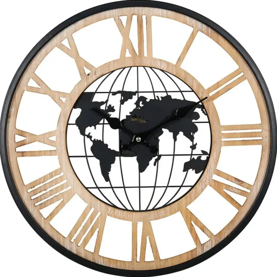 Ostaria Wandklok/muur klok - Wereldbol - D40 cm - MDF - naturel